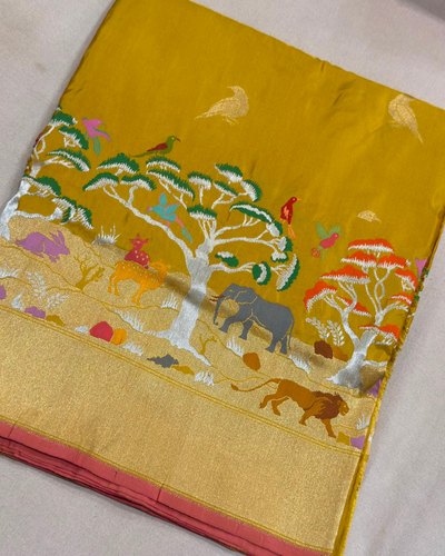 Pure katan silk Handwoven all over gold zari bird