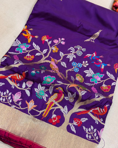 Pure katan silk Handwoven all over gold zari bird booties with designer multicolor